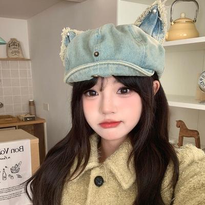 Beret Sweet and Cool Flipped Brim Cat Ear Newsboy Hat with Small Face and Big Head Circumference Octagonal Hat