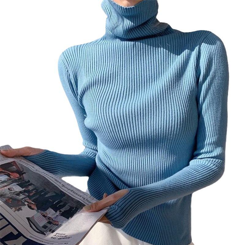 Women's Solid Color High Neck Thumb Hole Turtleneck Sweater - Autumn/Winter Stylish Thick Knit Long Sleeve Base Layer