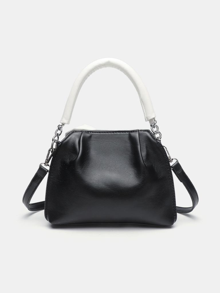 Fashiable and Versatile Color Blocking Small Square Bag with Bow and Pleated Black Handbag