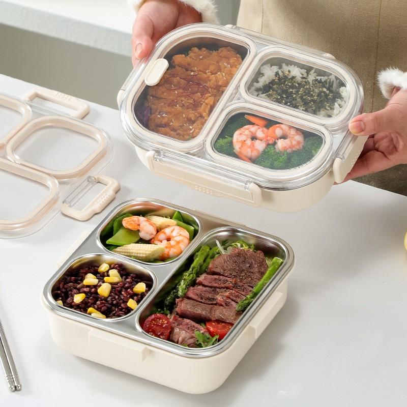 Stainless Steel Leakproof Lunch Box With 3 Compartment Design Students Office Workers BPA-Free PP Lid Non-Microwaveable