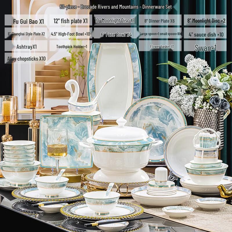 Jingdezhen Nordic Ceramic Dinnerware Set 62-Piece Set with Fortune Pot