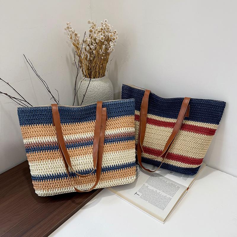 Striped Straw Woven Tote Bag - Large Capacity Beach Vacation Shoulder Bag
