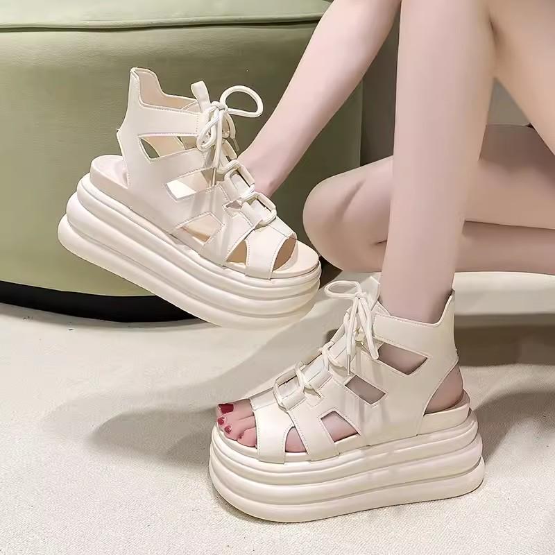 fashion Thick-soled Daddy Sandals for Women Summer New Casual 8cm Increased Fish Mouth Wedge Heel Lace-up High-top Roman Sandals