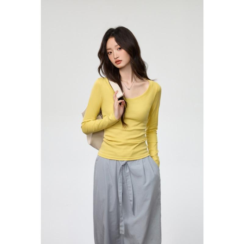 Women S U Neck Long Sleeve Fitted Cotton T Shirt Casual Basic Top