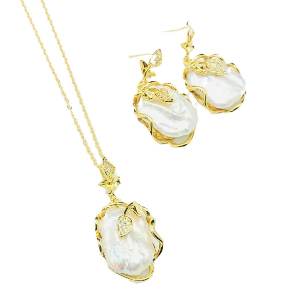 Vintage Elegant Baroque Pearl Jewelry Set - Square Freshwater Necklace, Ring, Earrings for Women