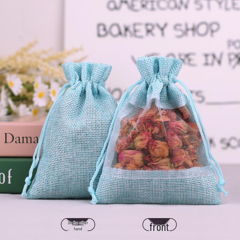 Super Source Hemp Drawstring Patchwork Mesh Bag for Cosmetics Organization