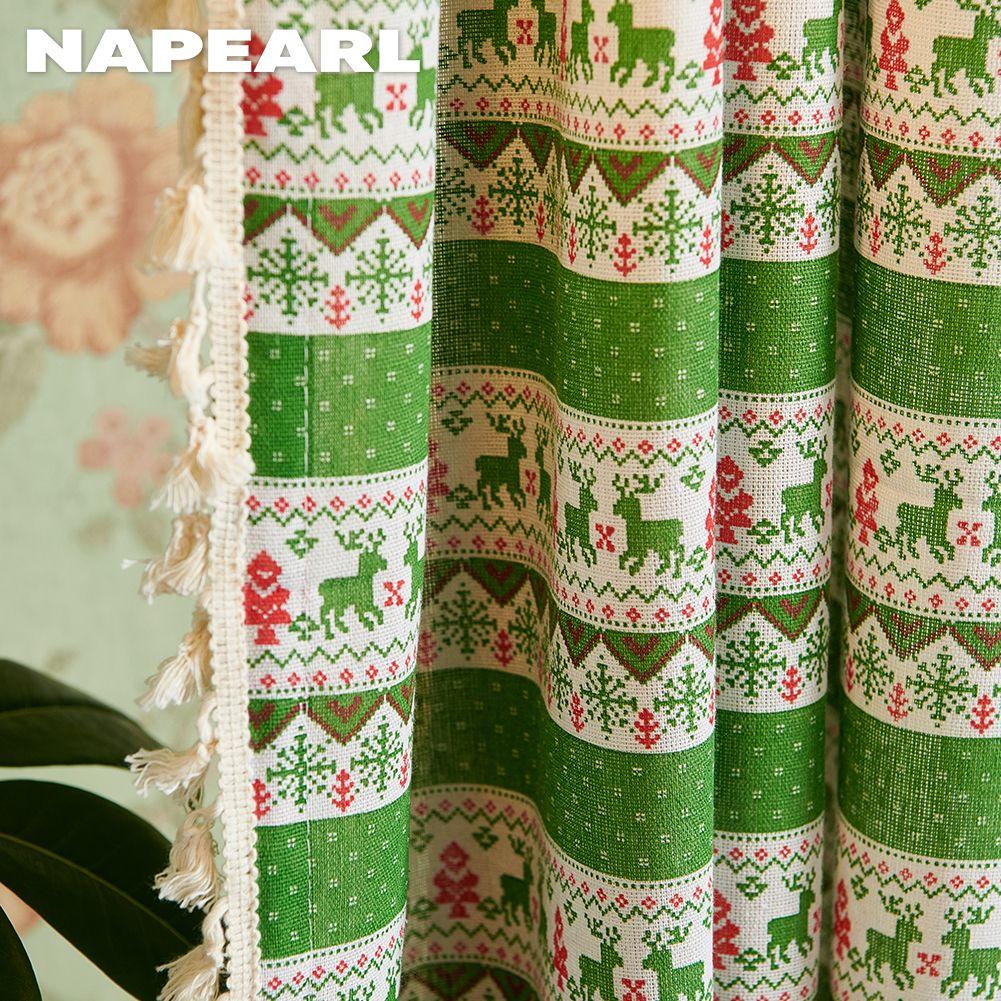 1PC NAPEARL Christmas Style Cotton Linen Green Red 40% Semi Blackout Window Drapes With Tassels For Small Window Living Room Festival Decor