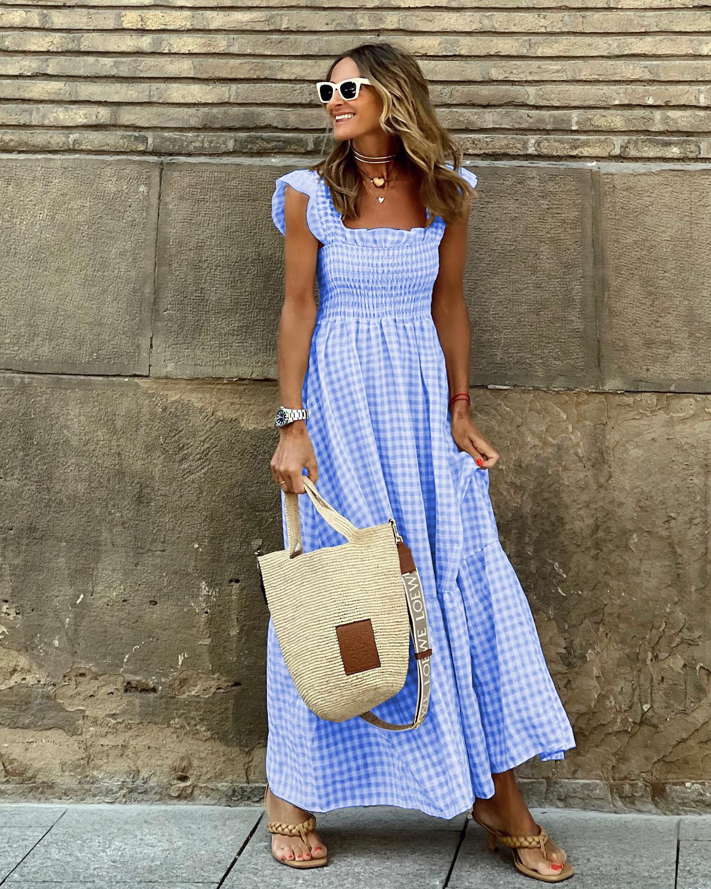 Summer 2026 Women s Plaid Spaghetti Strap Dress with Elastic Waist and Large Swing Design Extra Large