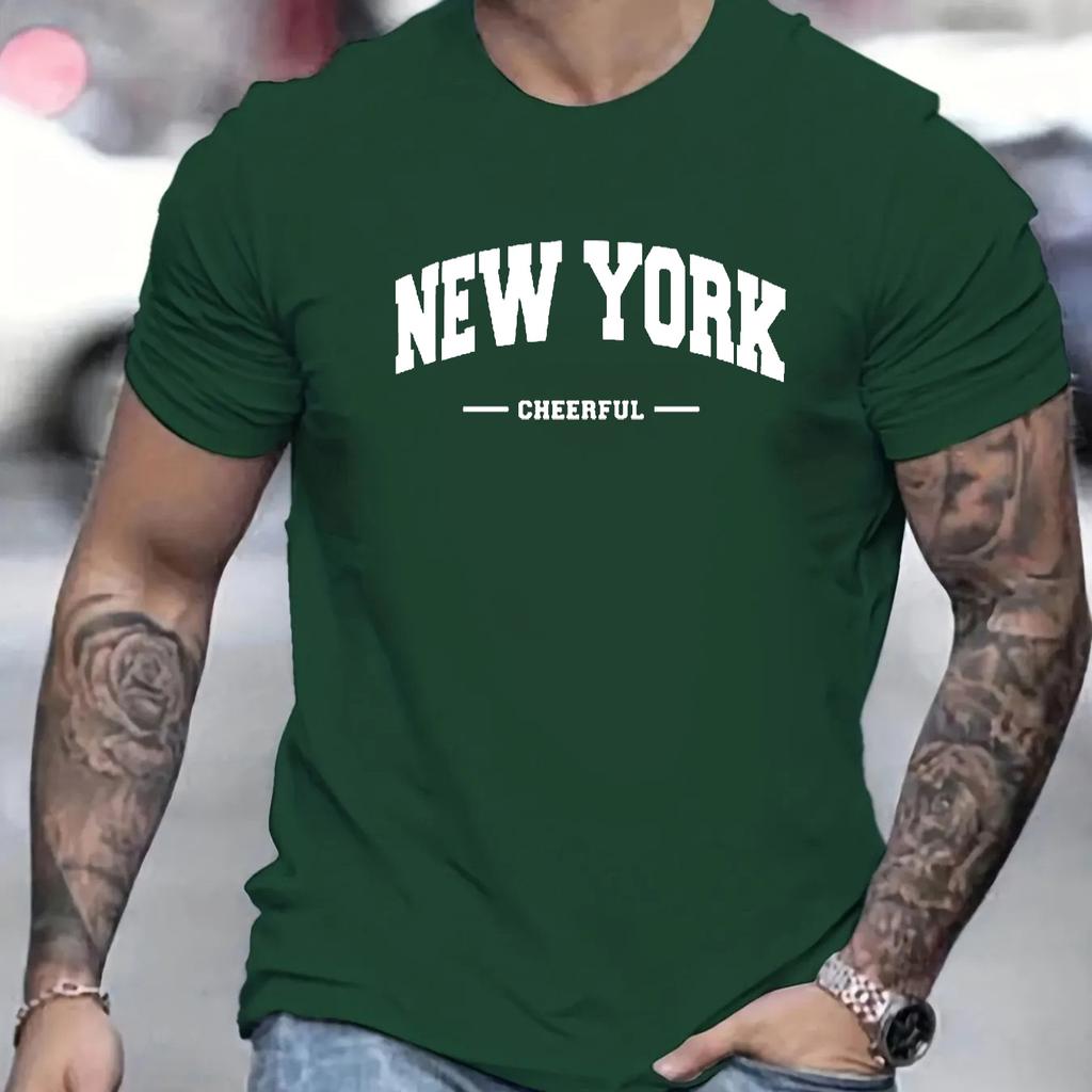 Men's 100% Pure Cotton Summer Loose Fit Oversized New York Cheerful Print Casual Slim Fit Round Neck Short Sleeved T-shirt Top