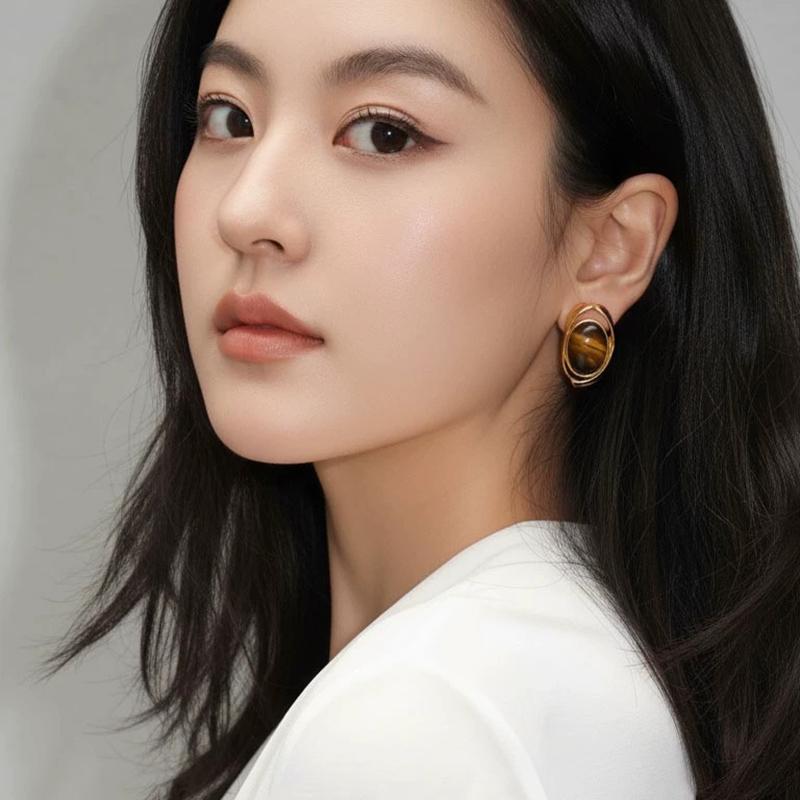 Vintage Maillard Brown Resin Stud Earrings for Women Luxury Tiger's Eye Stone Metal Frame Earrings High-Level Jewelry Daily Wear