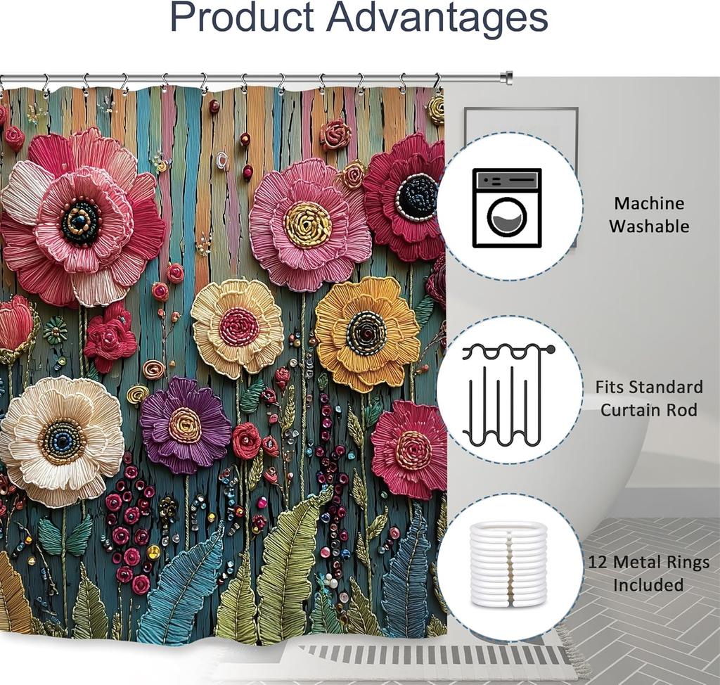 2D Embroidered Flower Shower Curtain 72X72 Inches Colorful Wooden Style Bathroom Decor Artistic Design