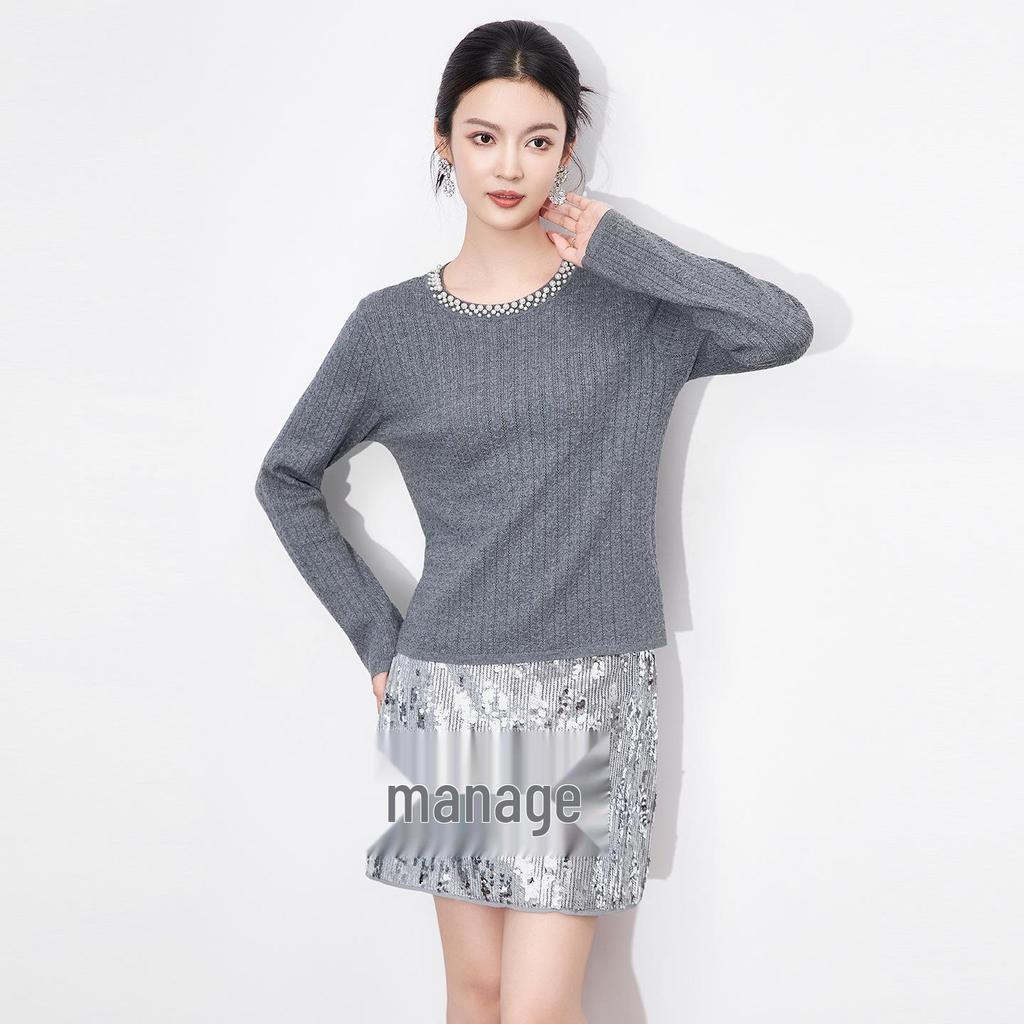 Light Luxury 3D Cable Knit Beaded Round Neck Long Sleeve Sweater Top for Women