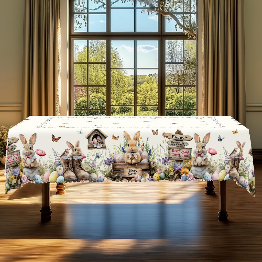 1pc Easter Bunny & Egg Tablecloth, Wrinkle-Resistant, Machine Washable, Scalloped Edge, Animal Print, Rectangle for Home, Picnic