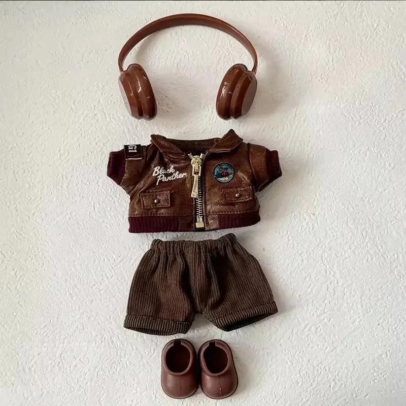 Retro motorcycle wind doll coat pants children's hats headphones glasses 15-17cm rag plush blind box doll dress up accessories