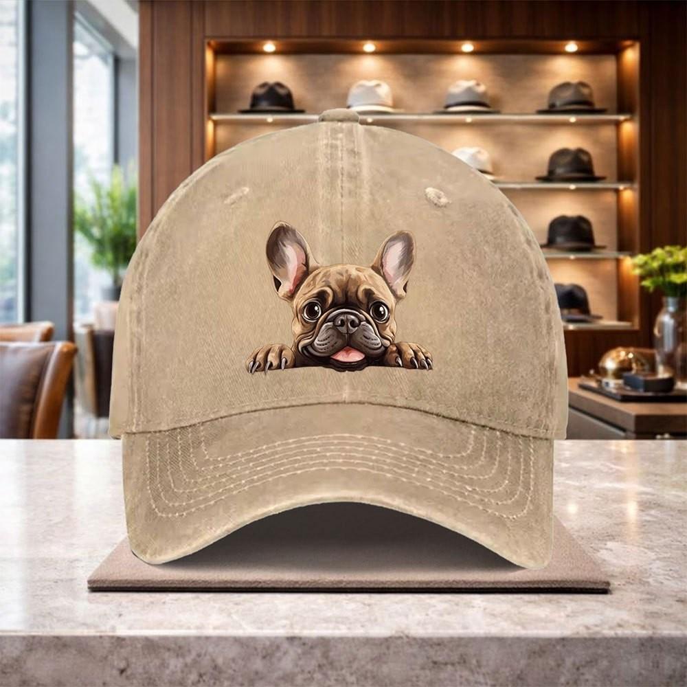 French Bulldog Print Baseball Cap Washed Denim Adjustable Casual Outdoor Trendy Hat