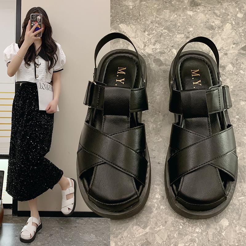 Women's Leather Muffin Sandals, Gladiator Shoes, Slip-on Toe, Thick Sole, New Collection for Summer 2025