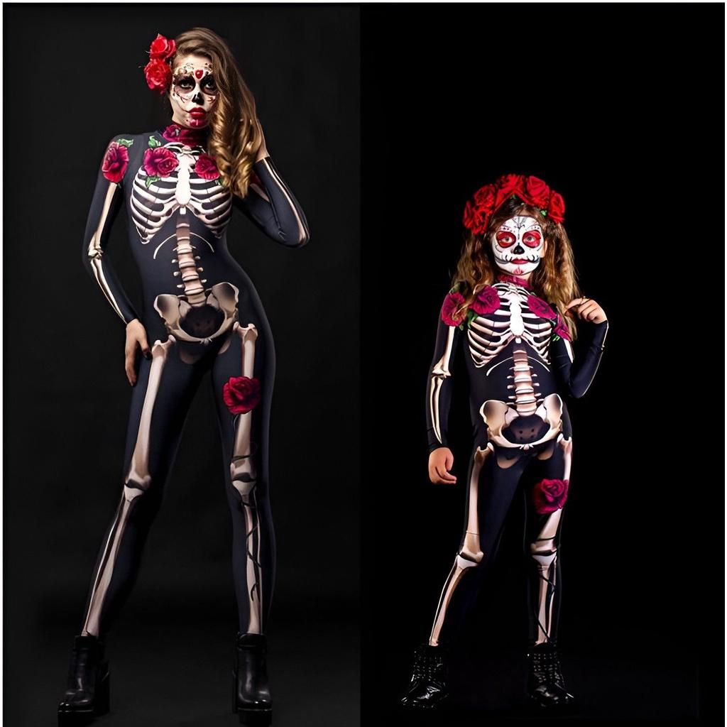 Kids Womens Halloween Costume Skeleton Cosplay Bodysuit Skinny Catsuit Jumpsuit