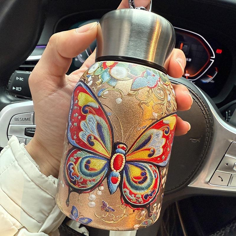 Retro Light Luxury Thermos Cup for Girls, High-end Water Cup, Mini Portable Large Belly Cup, Chinese Style Small Thermos Cup, Te