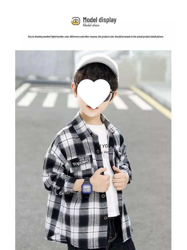Boys' Plaid Long Sleeve Shirt Jacket, Spring & Autumn 2025, Korean Style, Trendy & Loose Fit for Big Kids.