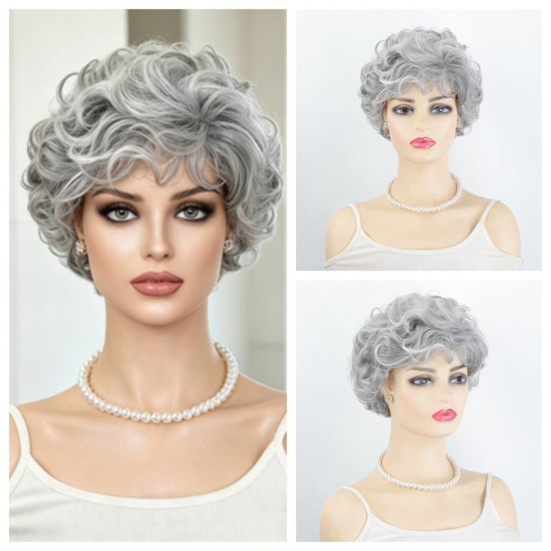 Wig European and American new women's short curly hair, middle-aged and elderly grandma gray curly hair wig cover rose net spot