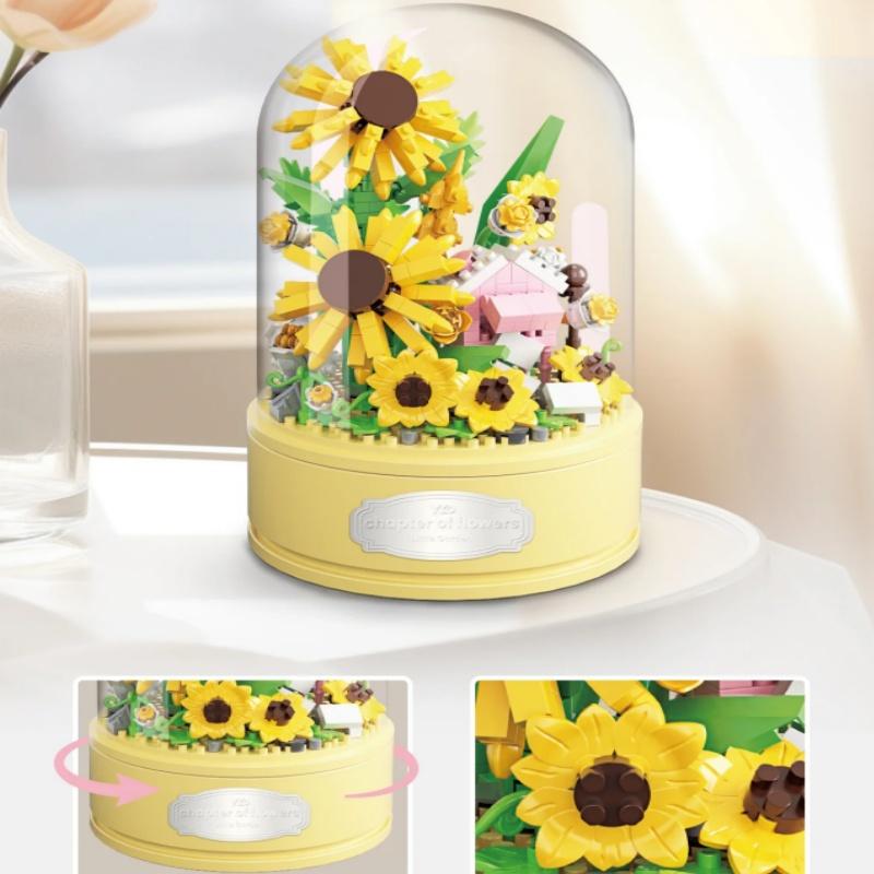 Flower Spinning Music Box Blue Sunflower Pink Creative Office Decoration Building Block DIY Toy Gift
