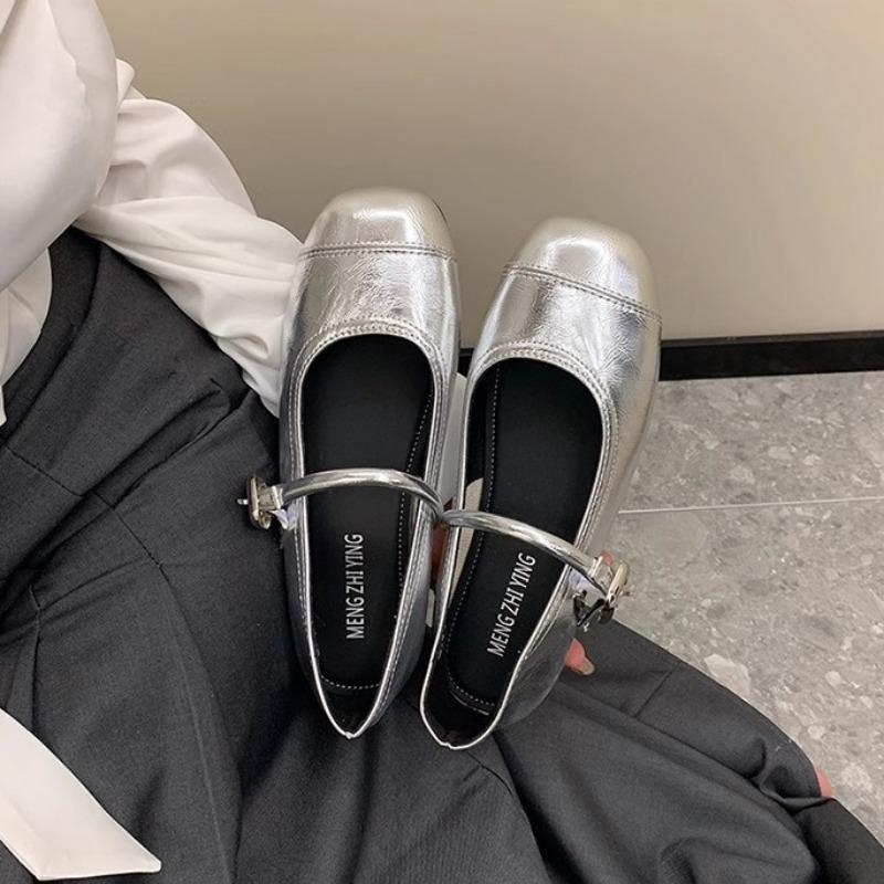 Mary Jane shoes women's shoes new flat beanie shoes with skirt silver small leather shoes low heel light mouth