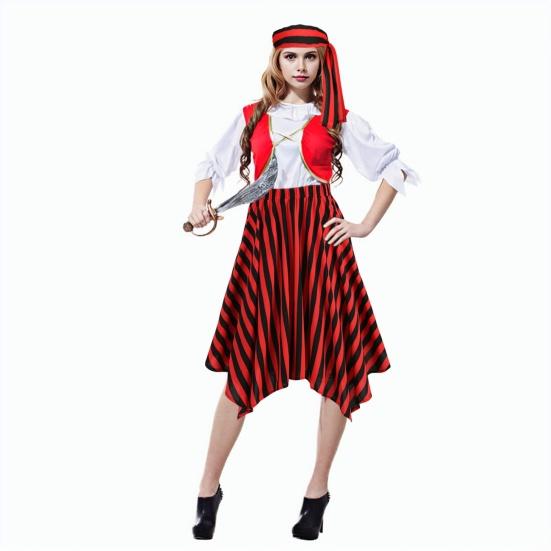 2ks/sada Dámská pirátská cosplay sukně s páskem Nepravidelný lem Elastický pas Pruhovaná sukně Oblečení s renesančním motivem