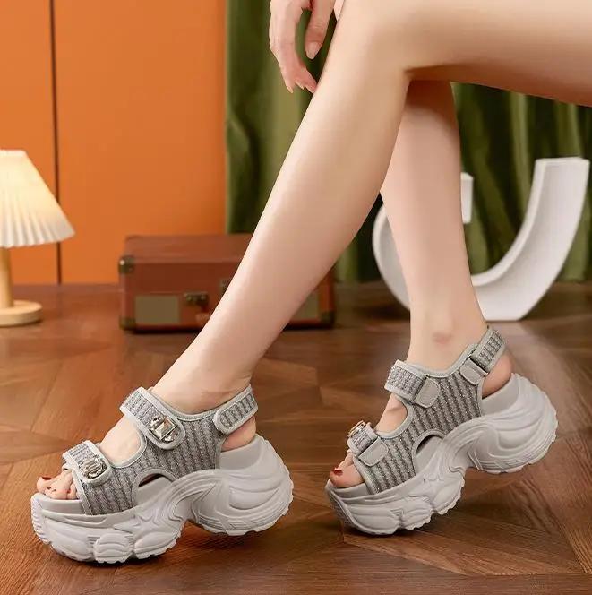 Fashion 9CM Women's Thick Heels Sandals Summer Breathable Slip-On Slippers Magic Tape Leather Beach Sandals Bling Diamond Casual Shoes