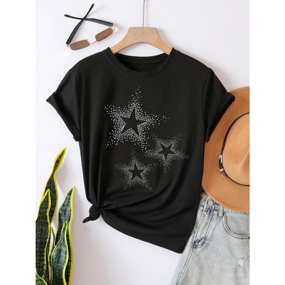 Damen Casual Kurzarm T-Shirt - Schwarz mit Weißem Sternenprint Rundhals Oberteil für Frühling & Sommer Maschinenwaschbar