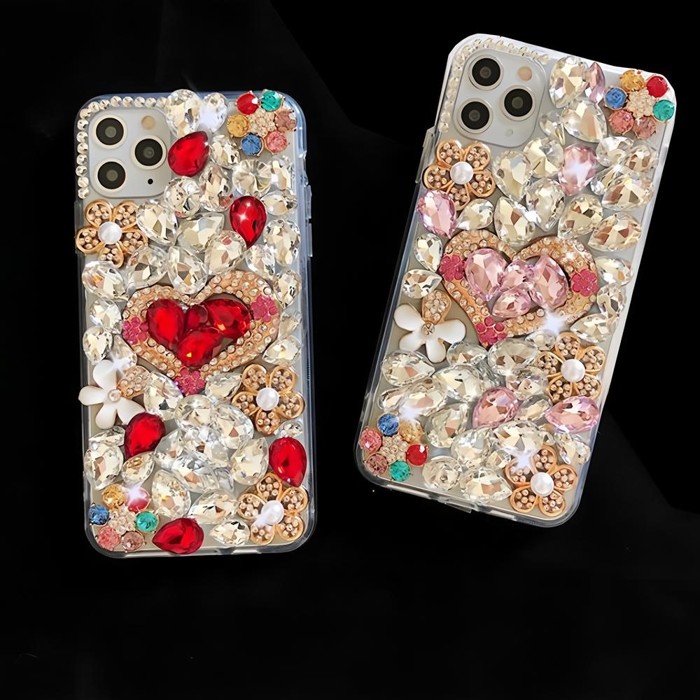 Glitter Rhinestone Phone Case For iPhone 17 16 15 14 13 12 11 Pro Max Air mini 16e 8 7 Plus X XS XR, 3D Crystal Heart Floral Bling Diamond Jewel Cover