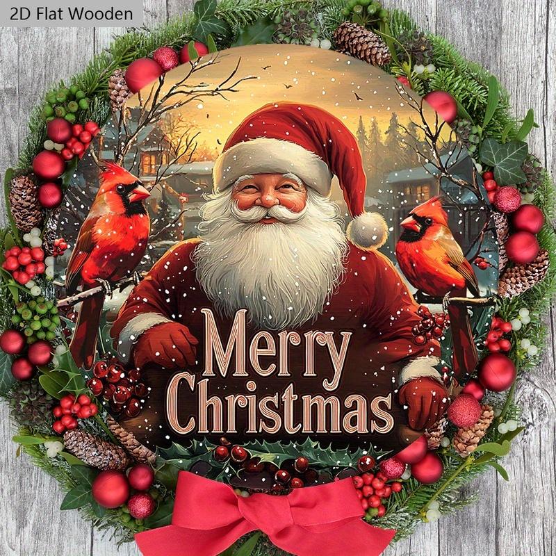 Cardinal Wooden Sign with Santa Claus Pattern - Merry Christmas Round Sign for Front Door Wall Hanging Decor - Ideal Christmas Decoration