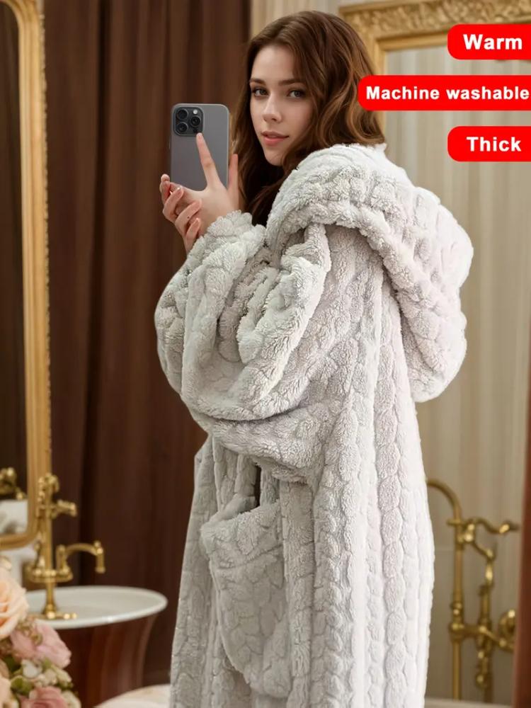 

Уютный халат с капюшоном из кораллового флиса для женщин - Длинное, теплое и мягкое домашнее платье с карманами, машинная стирка - Идеально для осени/зимы One size бежевый