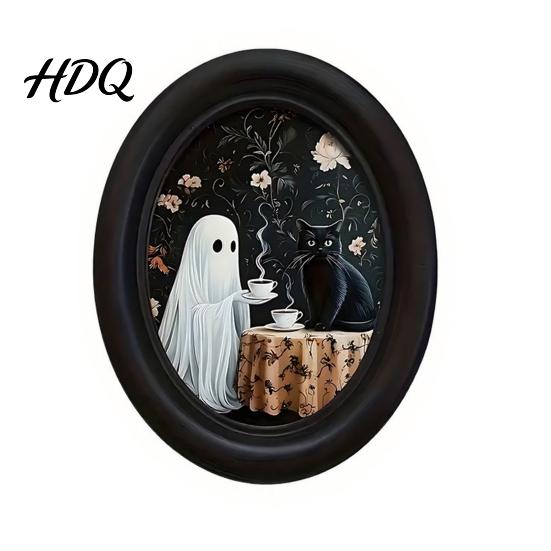 Soft Dark Tone Art Halloween Ghost Wall Art Cute Table Sign Vintage Oval Framed Academia Decor Picture Decorative for Mantel Living Room