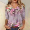 V-neck 3D Flower Pattern Printed Top Fashionable Casual Long Sleeved Women's T-shirts