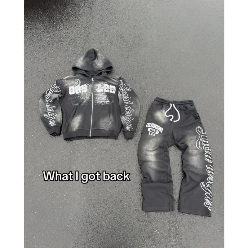 Y2K Streetwear Hooded Zip-Up Long Sleeve Sweatshirt Set Print Loose Fit Womens Casual Outfit 2026