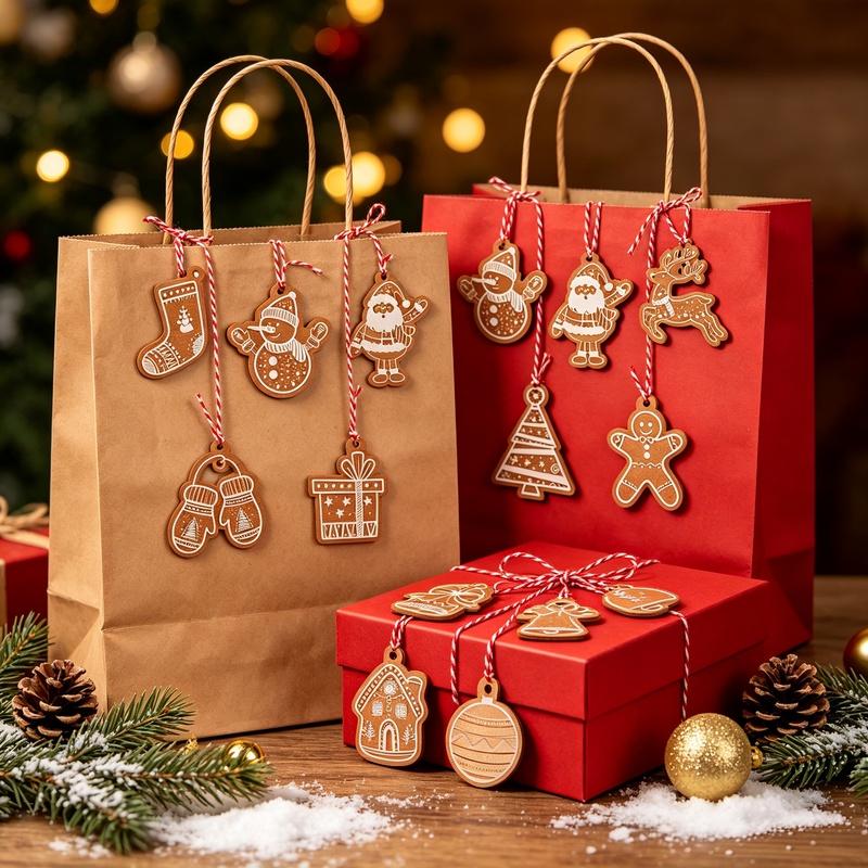 12pcs Christmas Kraft Paper Gift Tags Xmas Hang Tags with Twine Santa Snowman Elk Gift Label for Holiday Present Wrapping Decor