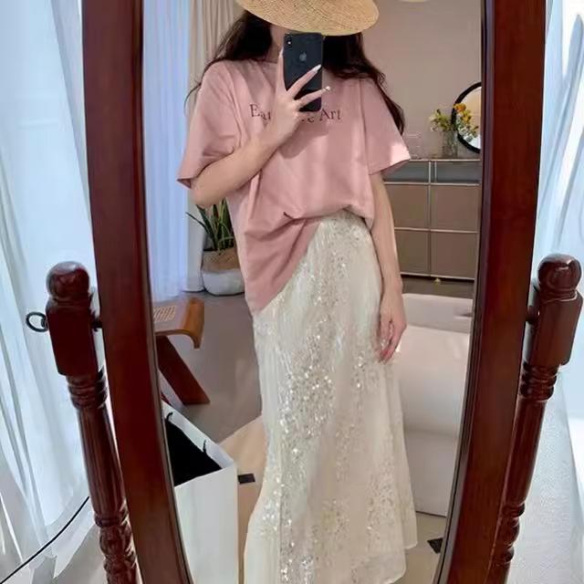 Damen Glitzer Schlank A-Linie Hohe Taille Mittellanger Rock für Damen