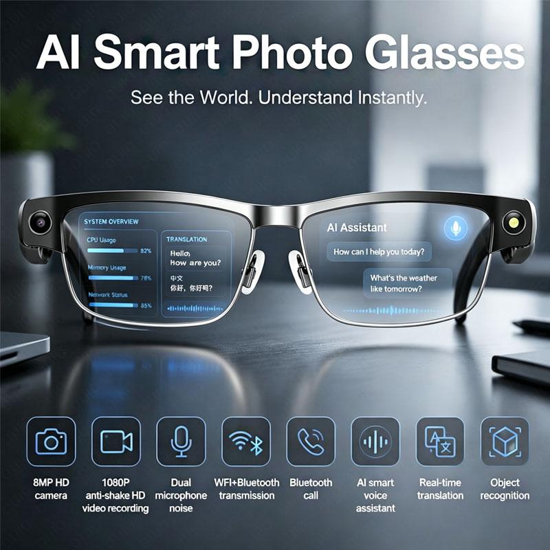 2026 Nya 800W Kamera 1200P Bildstabilisering HD-video AI Smarta Glasögon Inspelning Översättning Röstassistent Musik BT-samtal Smartglasögon