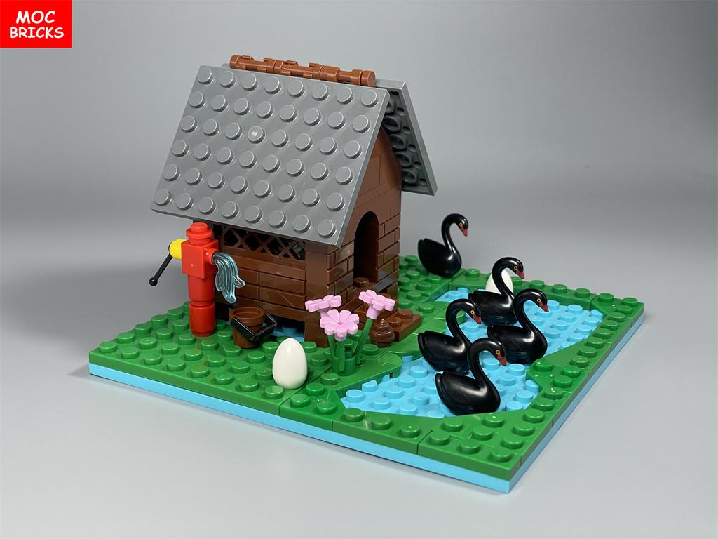 MOC Blocks Water Lake Pond River Duck House Swan Swim Scene Egg Lotus Animals Plant Construction Block Accessories Children's Toy