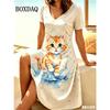 Women 3D Cats Print Dress Fashion 2026 Funny Kawaii V-Neck Home Dress Female Clothing Plus Size Summer Casual Short Sleeve Dress