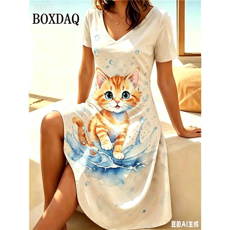 Women 3D Cats Print Dress Fashion 2026 Funny Kawaii V-Neck Home Dress Female Clothing Plus Size Summer Casual Short Sleeve Dress