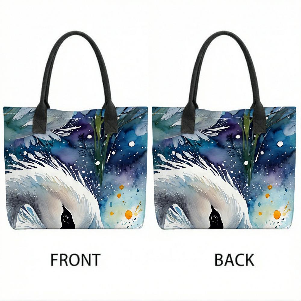 Watercolor Swan Print Tote Bag Casual Large Capacity Portable Daily Shoulder Handbag