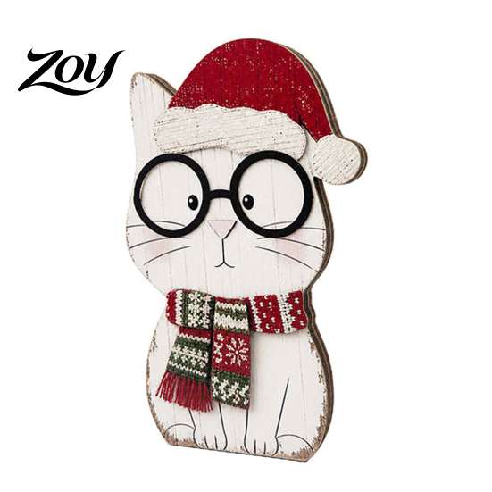 Handcrafted Wood Cat Figurines Christmas Wooden Tabletop Decor, Cute Kitty Figurine, Rustic Farmhouse Animal Gifts Xmas Tiered Tray Ornament