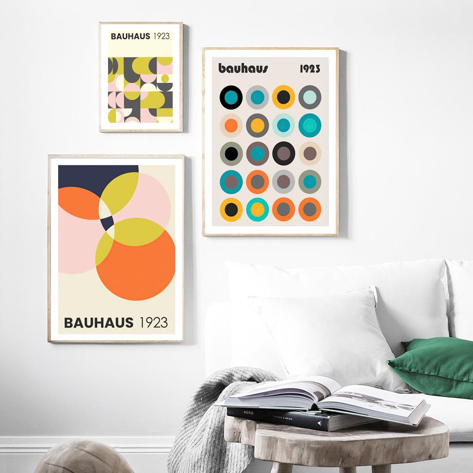 Výstava Bauhaus Geometric Retro Nástěnná umělecká reprodukce Malba na plátně Severské plakátové nástěnné obrazy poloviny století pro výzdobu obývacího pokoje