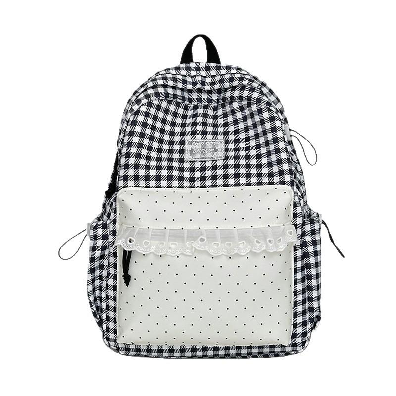 Schoolbag Casual Versatile Plaid Polka Dot Lace Backpack Girl Heart Japanese Sweet Wind Student Party Backpack Girl