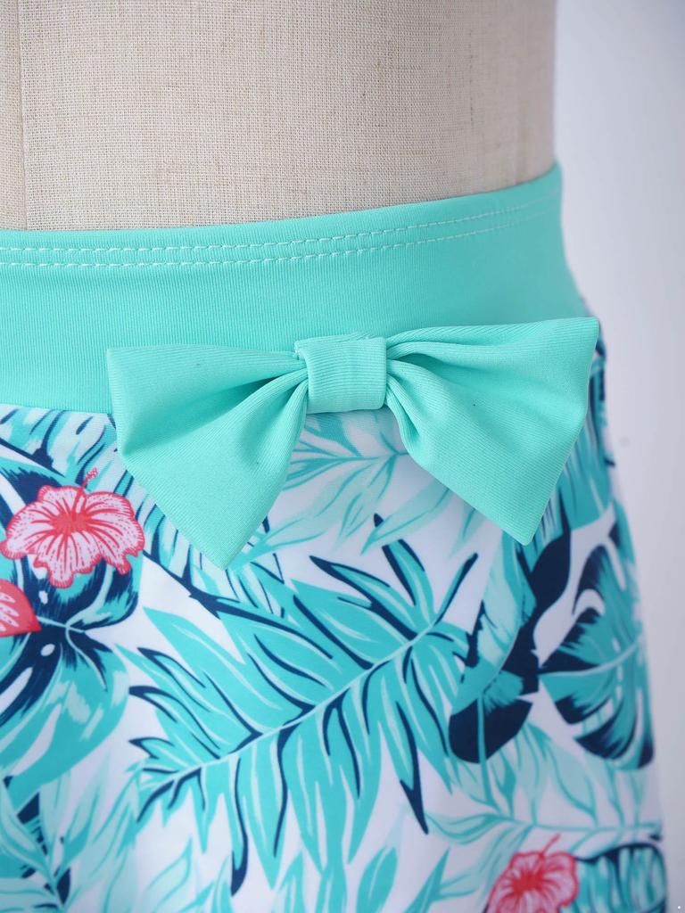 Kids Girls 3 Piece Asymmetric Swim Set Ruffle Trim Floral Print Crop Tops Skirt Briefs Beach Pool Bathing Suit