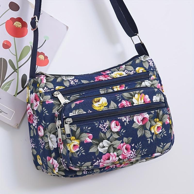 WTEMPO [Klantfavoriet] Chique Bloemen Canvas Crossbody Tas voor Dames - Ruime Schoudertas met Verstelbare Riem, Ritssluiting en Polyester Voering
