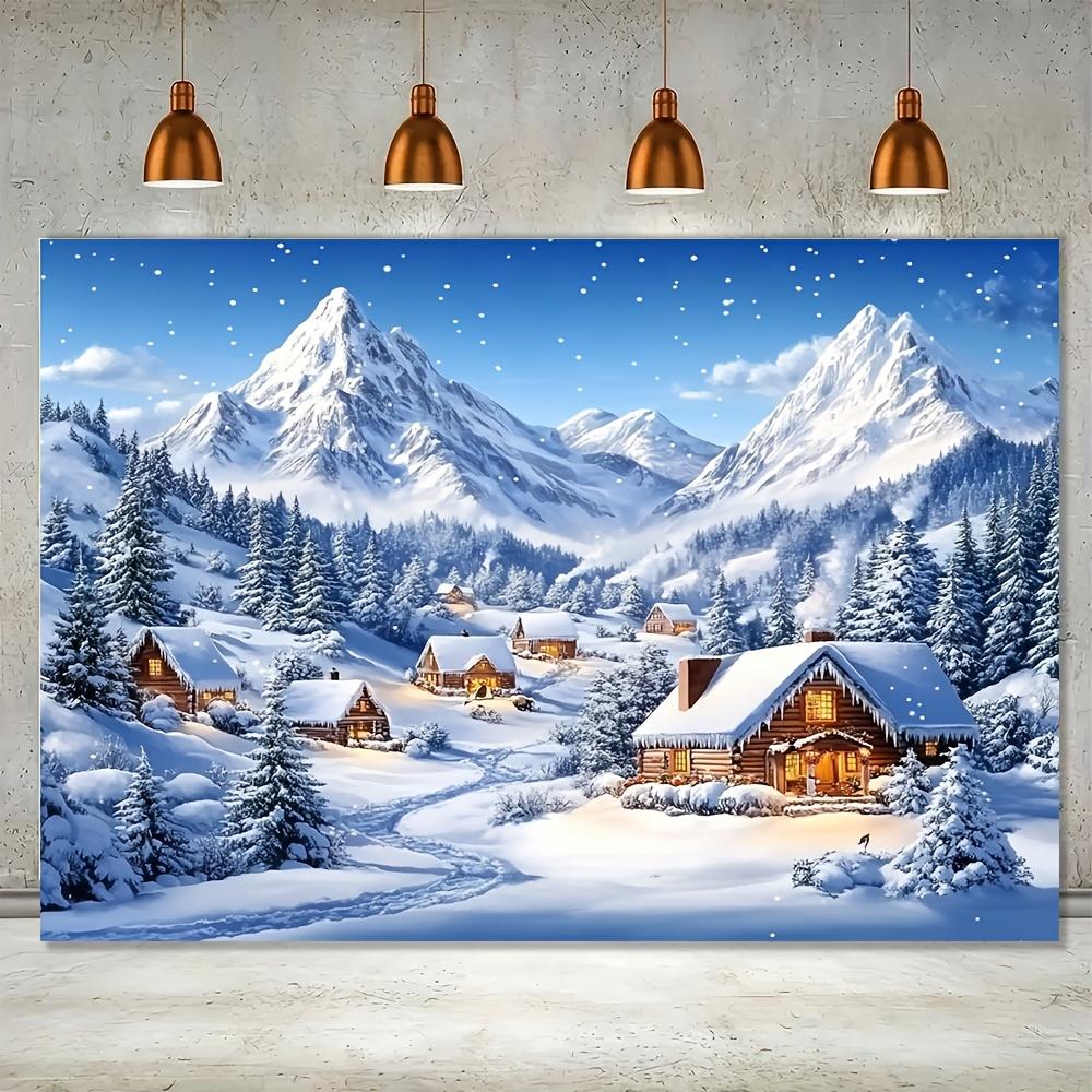 1 piece of rural winter wonderland background cloth - Christmas town and snow-capped mountain pine forest scene, polyester 100x150cm