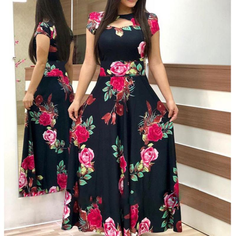 

BITCED Bohemian Floral Print Short Sleeve Dress Women Autumn Winter Long Dresses Round Collar Big Swing XXXXXL