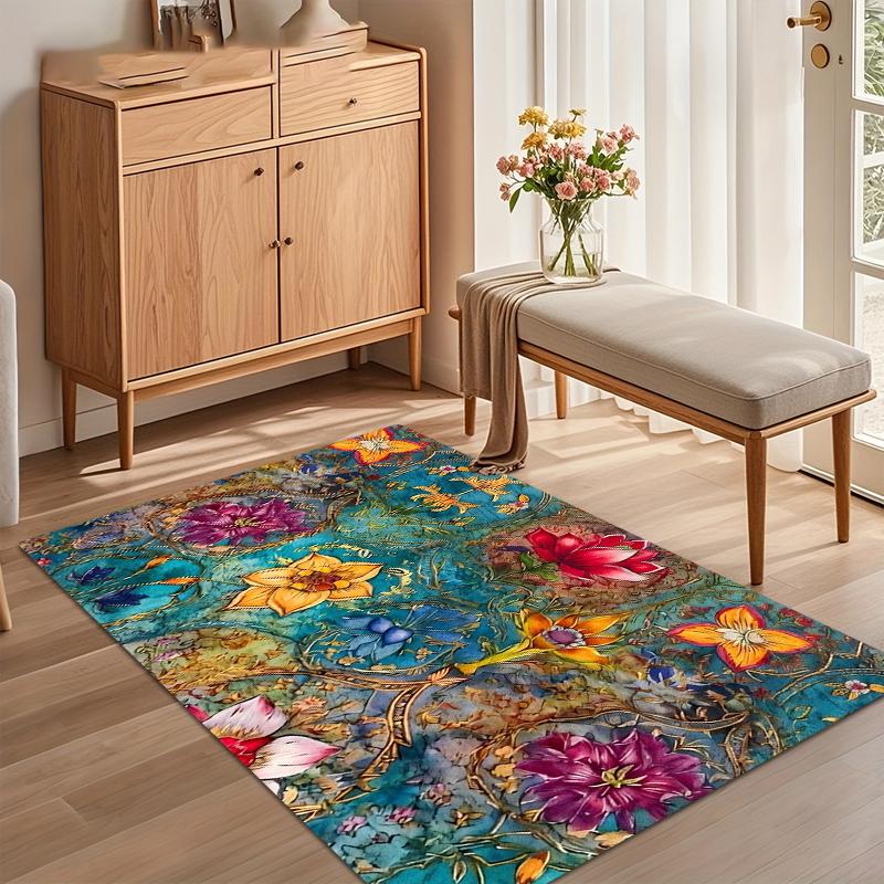 

1 Piece of Beautiful and Colorful Classical Bohemian Style Mat for Spring Ethnic Graffiti Flower Anti Slip Rug for Livingroom 50cmx80cm